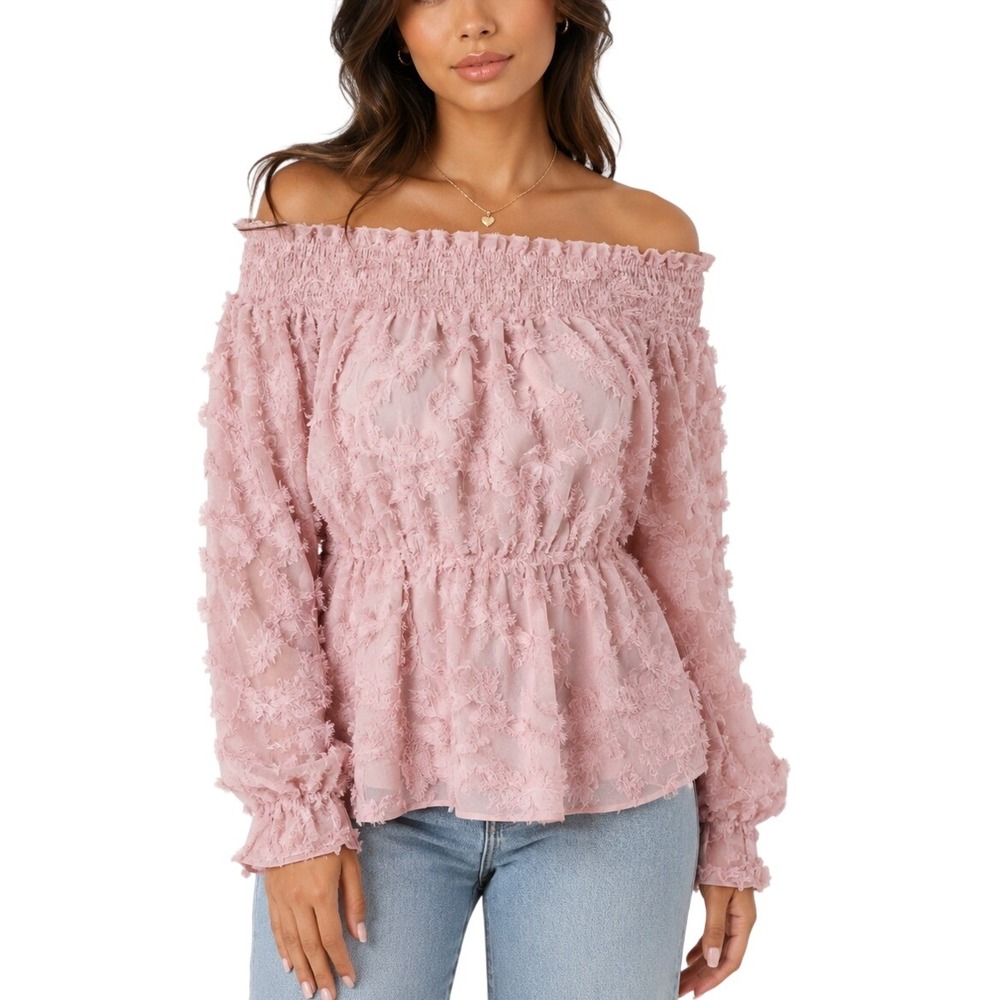 Shein Pink Off The Shoulder Textured Fringe Blouse Long Sleeve Smocked Top Small